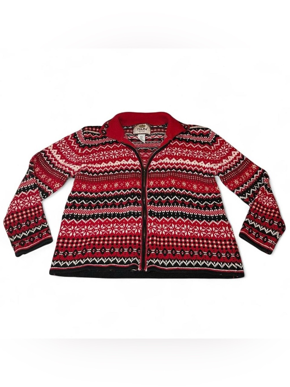 Vintage Tiara Red Black White Fair Isle Zip Sweater Winter Cottage Granny Core